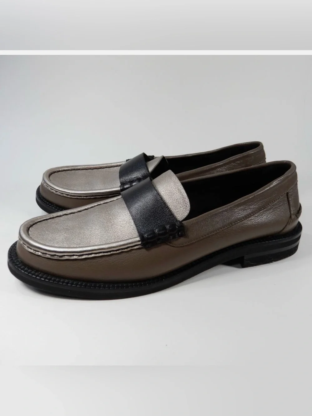 Pedro Garcia Metallic Silver & Black Penny Loafers 38.5